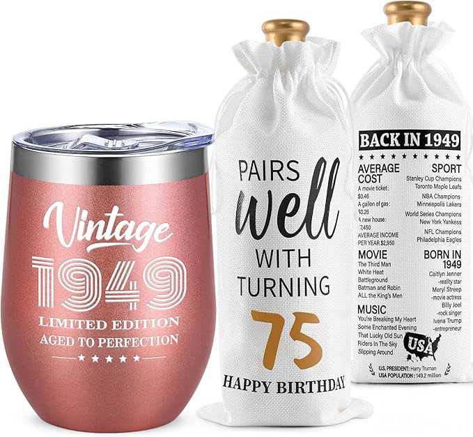 Lifecapido 75th Birthday Gifts for Women, Vintage 1949 Limited Edition Insulated Wine Tumbler with Wine Bag, 75th Birthday Gift Ideas, 75 Year Old Birthday Gifts for Friends Mom Grandma, 12 oz