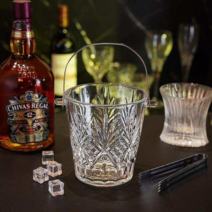 Clear Glass Ice Bucket with Ice Tong and Handle Crystal Ice Cube Busket Cocktail Bar Champagne Bucket for Parties Wine Accessory