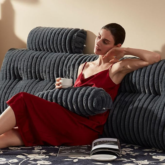 Faux Fur Headboard Pillow with 2 Pack Neck Roll Pillow Large Headboard Pillow Soft and Supportive with Removable Cover (Grey, King)