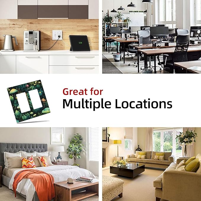 Green Dark Forest Mystical Mushroom 2 Gang Rocker Decora Light Switch Covers Dual Outlet Covers Wall Plate Decorative Switchplate Electrical Faceplate GFCI for Country Bathroom Bedroom Decor