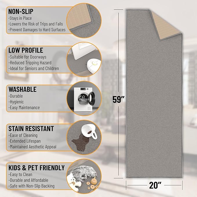 Machine Washable Modern Solid Design Non-Slip Rubberback 2x5 Traditional Runner Rug for Hallway, Kitchen, Bedroom, Entryway, 20" x 59", Gray