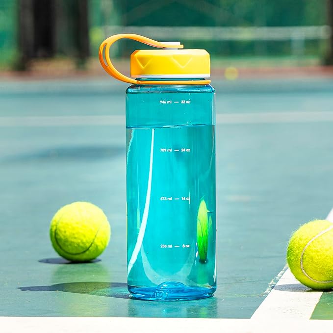 bzyoo HydroPop 36oz Water Bottle w/Strap - Leak-Proof, Hydration Intake Tracking Measurement, Wide Mouth for Ice. Perfect for Gym, Travel, Outdoor - Color Blue