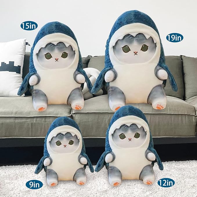Kawaii Shark Cat Plush Toy Stuffed Animal Doll, Cute Soft Pillow Stress Release Hugs Toys Christmas Halloween Birthday Gifts for Kids Boys Girl Best Gift (Blue - Grey,19 inch)