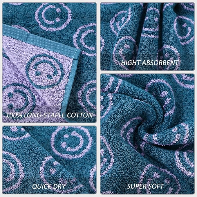 Luxury Cute Smiling Face Purple Green Bath Towel Sets for Bathroom, 1 Bath Towels 2 Hand Towels Washcloths 100% Cotton Ultra Soft Highly Absorbent for Women Kids Girl Boy Face Body