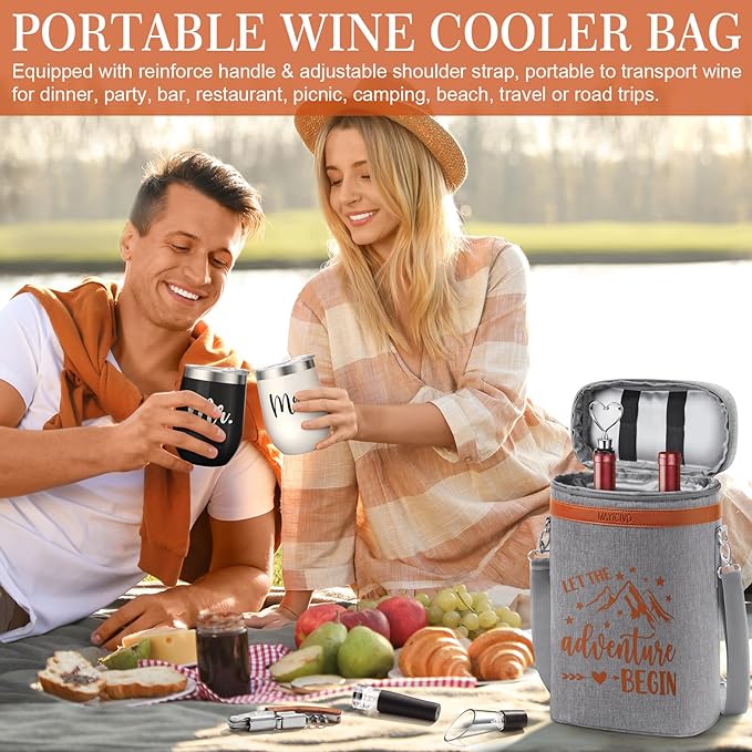 Wedding Gifts for Couples, Mr and Mrs Wine Tumblers Gifts - Engagement, Bridal Shower, Newlywed, His and Hers, House Warming -Insulated Wine Cooler Tote Bag with Glasses and Wine Accessories Gifts Set