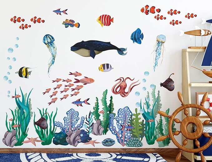 6 Sheets Under The Sea World Wall Decals Ocean Animals Wall Decals Removable DIY Watercolor Whale Jellyfish Fish Starfish Seaweed Ocean Grass Decor for Kids Living Room Bedroom Bathroom Decor