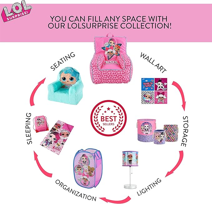 Idea Nuova LOL Surprise Kids Nylon Bean Bag Chair with Piping & Top Carry Handle, Large