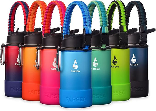 Farsea Insulated Water Bottle With Paracord Handle, Protective Silicone Boot and 2 Lids (Straw Lid & Spout Lid), Stainless Steel Water Bottle Wide Mouth, Double Wall Sweat-Proof BPA-Free,12 oz
