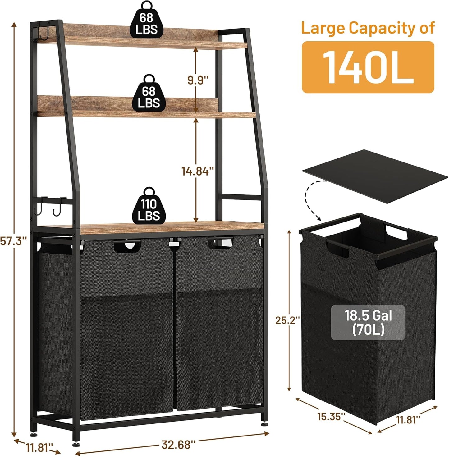 Lulive Double Laundry Hamper with Shelf, Laundry Basket with 3 Tier Storage Shelves & 4 Removable Hooks, Tall Laundry Sorter Clothes Hamper with Pull-Out Bags for Bathroom, Laundry Room