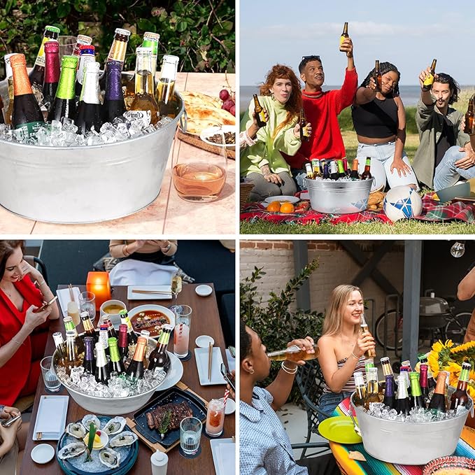 Ice Bucket, Oval Beverage Tub, Galvanized Bucket and drink Cooler for Parties, Ice Tub with Handles for Beer Sparkling Whisky Wine Cocktails (3.5gal) (Galvanized)