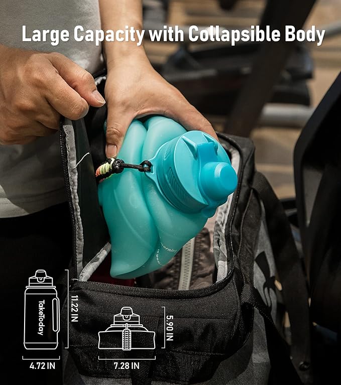 68 oz Collapsible Water Bottles With Straw, Half Gallon Water Bottle With Motivational Time Marker, Large Reusable Silicone Water Jug With Paracord Handle For Sports, Outdoors (Blue)