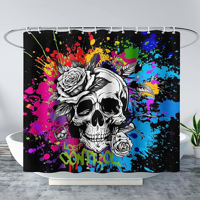 AILONEN Rose Skull Shower Curtain for Bathroom,Colorful Graffiti Art Bathroom Curtain for Kids Boys Girls,Bath Curtain 72" W*72" H Polyester Waterproof Bathroom Curtain with 12 Hooks