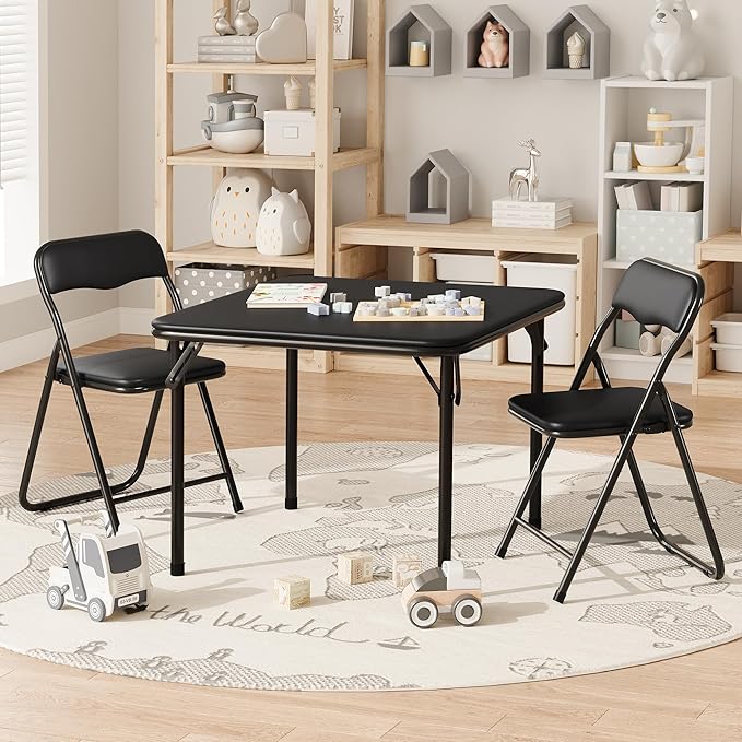 IDEALHOUSE Boys and Girls Folding Table and Chairs Set of 3, Portable Table and Chair with Pu Soft Cushion,Suitable for Eating,Reading and Playing