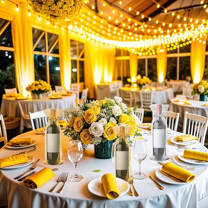 Megitzuu 20 Pieces Organza Wine Bags, 14.6 x 5.5 Inch Wine Gift Bag with Drawstring Sheer Mesh Wine Gift Pouches Bottle Covers for Halloween Christmas Wedding Party Favors (Gold+White)