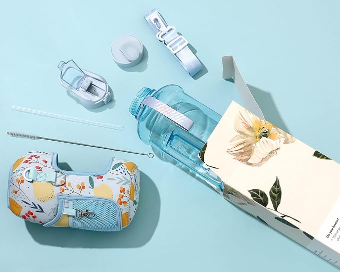 H2O Capsule 2.2L Half Gallon Water Bottle with Storage Sleeve and Removable Straw – BPA Free Large Reusable Drink Container with Handle - Big Sports Jug, 2.2 Liter (74 Ounce), Lemon Drop