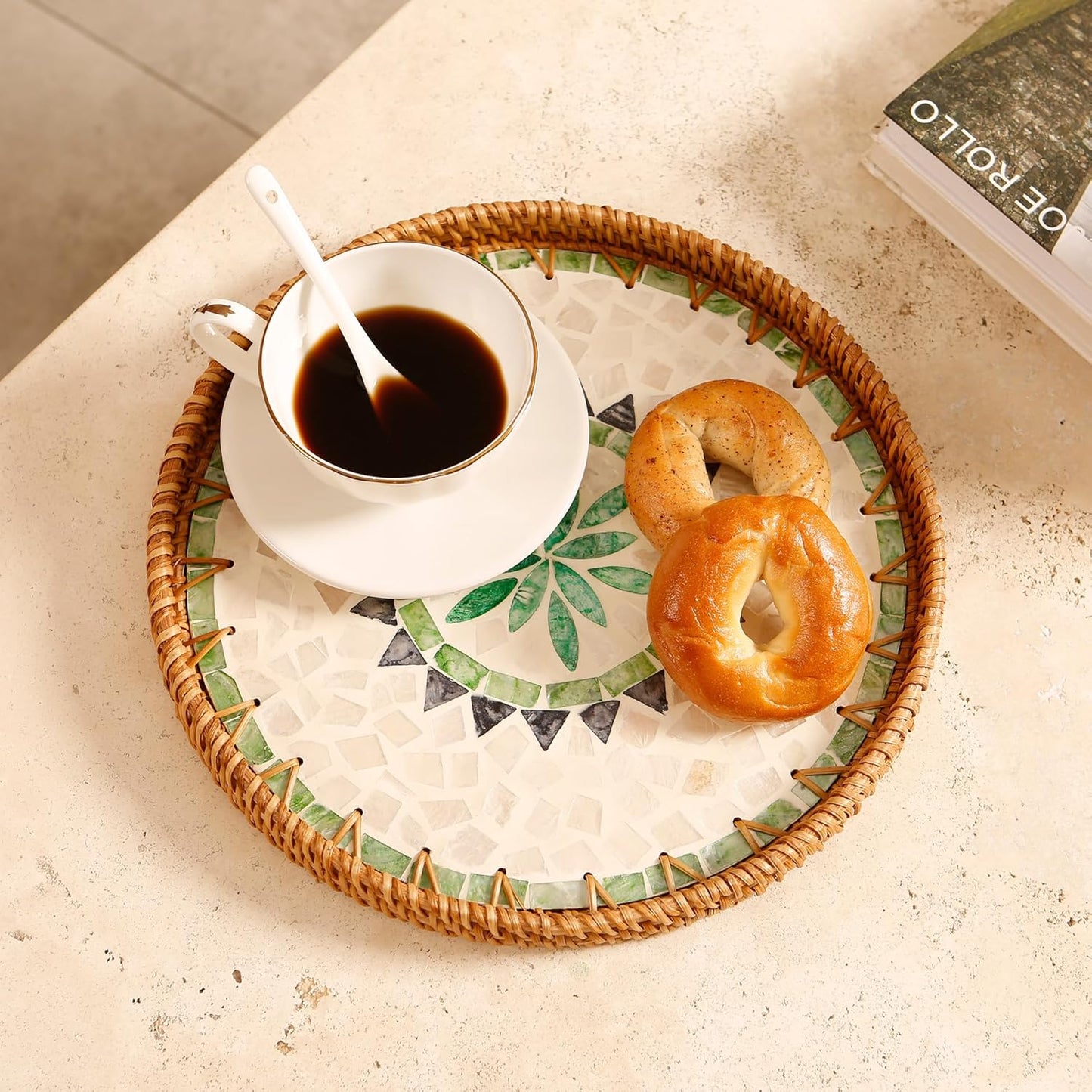 Round Rattan Tray with Mother of Pearl Inlay & Wooden Base - Decorative Wicker Serving Tray for Coffee/Bread/Fruits, Food Storage & Display - Multipurpose Home Decor (M,Bohemia)