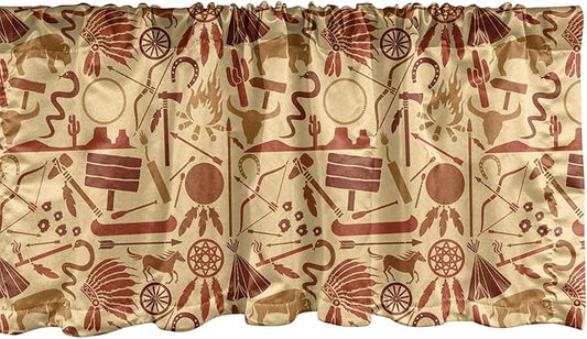 Ambesonne Western Window Valance, Culture Arrow Hatchet Chiefs Hat Snakes Bison Tools, Curtain Valance for Kitchen Bedroom Decor with Rod Pocket, 54" X 12", Orange Redwood
