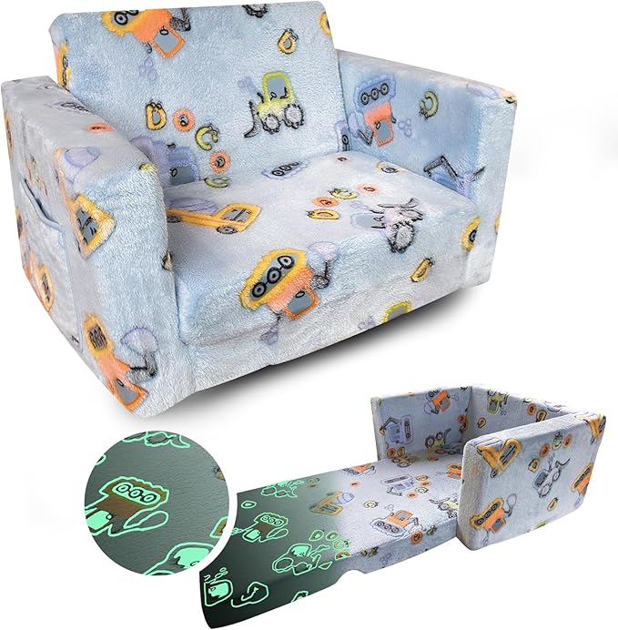 Kids Sofa, Glow in The Dark Toddler Chairs Children's 2 in 1 Convertible Sofa to Lounger - Extra Soft Flip Open Chair & Sleeper, Toddler Couch Chair, Sofa Bed for Boys Girls