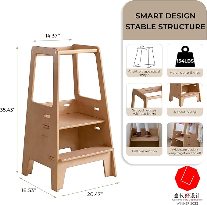 Toddler Standing Tower Wooden Toddler Stool for Kitchen Adjustable Toddler Tower, Winner 2023 of Contemporary Good Design, Montessori Kitchen Tools