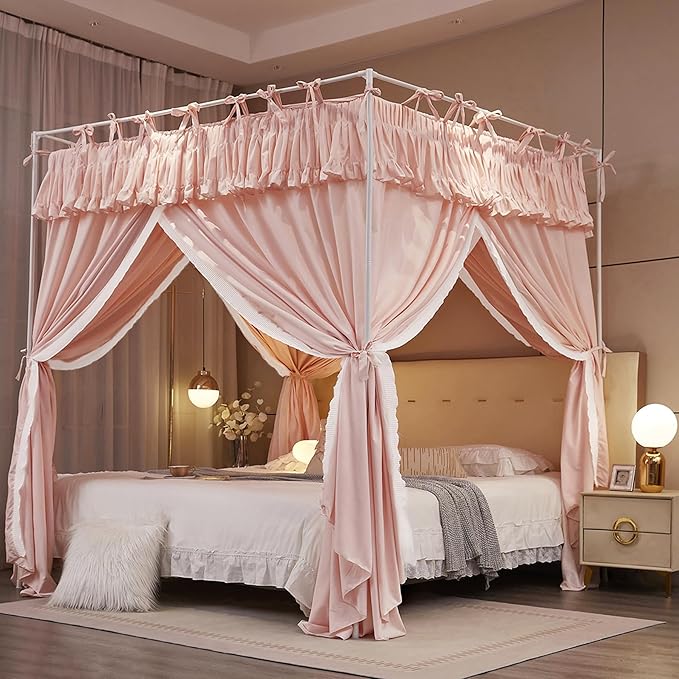 4 Corners Post Princess Ruffle Curtain Bed Canopy Lace Up Elastic Cozy Breathable Tent Mosquito Net for Girls Bedroom Decoration(Pink, 47-53" W*78" L*82"*H/Full)