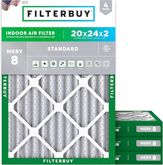 Filterbuy 20x24x2 Air Filter MERV 8 Dust Defense (4-Pack), Pleated HVAC AC Furnace Air Filters Replacement (Actual Size: 19.38 x 23.38 x 1.75 Inches)