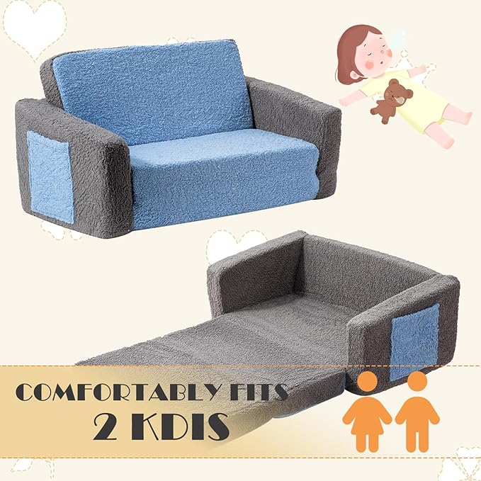Baby Toddler Sofa Couch for Kids Extra Wide 2-in-1 Toddler Sherpa Fold Out Couch Bed for Playroom, Pull Out Children Convertible Sofa to Lounger for Boys and Girls with Double Pockets, Grey-Blue