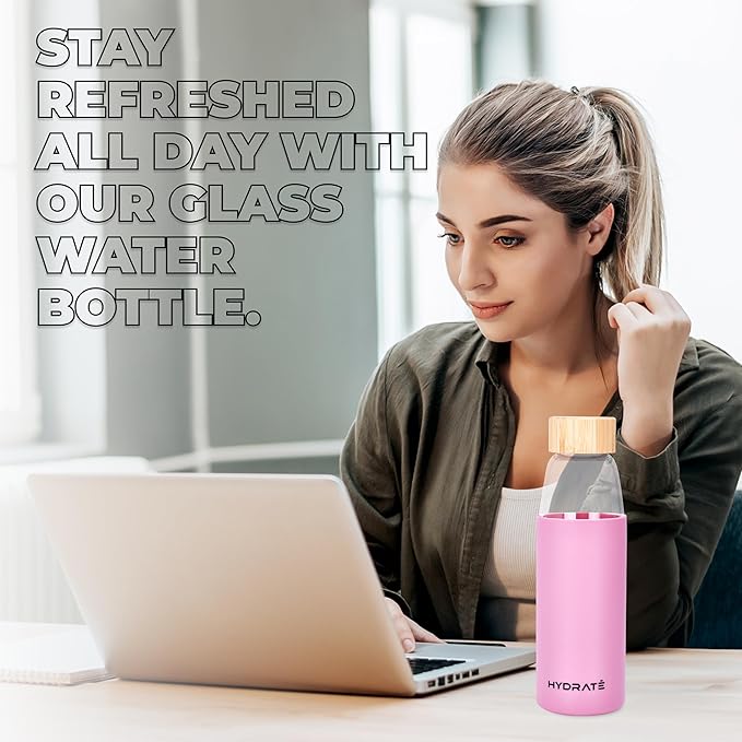 HYDRATE Bottles 20oz Glass Water Bottle with Bamboo Lid - Clear Refillable Bottle with Pink Silicone Sleeve - Leak-Proof Lid - Classic Design for Extra Convenience - Ideal for Drinking Water, Juice