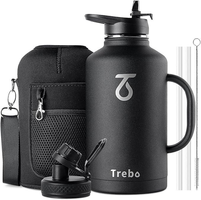 Trebo 64oz Water Bottle Insulated with Straw & 2 Lids, Half Gallon Double Wall Vacuum Stainless Steel Metal Large Jug with Handle, Wide Mouth Flask Mug with Carry Pouch, Keep Cold Hot, Black
