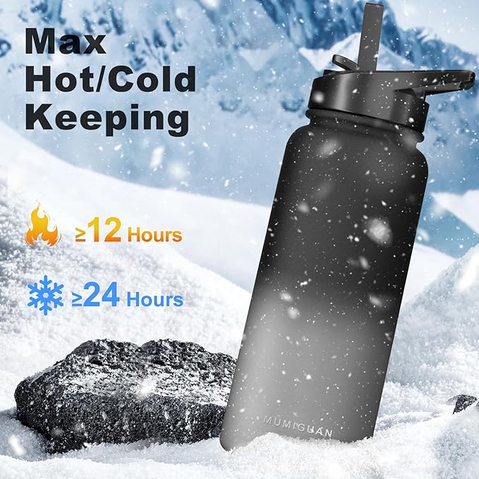 40oz Insulated Water Bottle with 3 Lids(Straw, Hand and Spout Lid), Double Vacuum Stainless Steel Metal Water Flask(BPA-free, CPC) for Sports, Camping, Hiking, Cycling, Fitness and more(Black Grey)