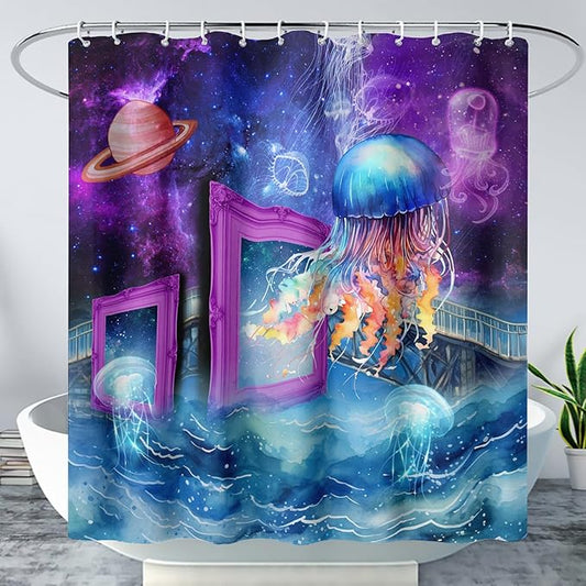 AILONEN Colorful Jellyfish Shower Curtains,Purple Galaxy Bath Curtains,Planet Jellyfish Curtains for Kids Boys Girls,Polyester Waterproof for Bathroom with 12 Hooks,72" W*72" H Purple