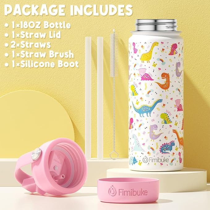 Fimibuke Kids Insulated Water Bottle - 18oz BPA-FREE 18/8 Stainless Steel Kid Cup with Straw Travel Tumbler Double Wall Leak Proof Toddler Water Bottle for School Boys Girls (1 Pack, Green Dinosaur)