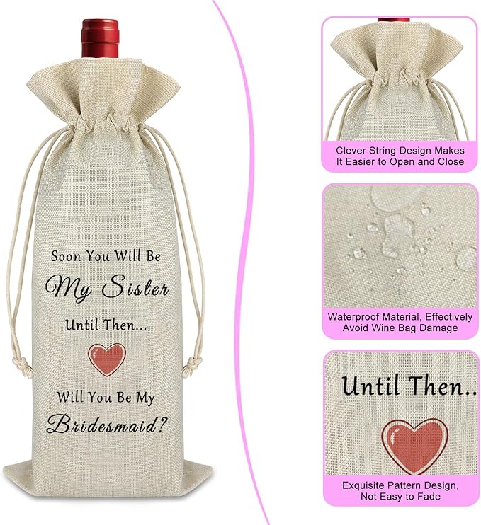 Bridesmaid Gift Sister Gift Wine Bag Wedding Gift for Sister Engagement Gift for Friends Bridal Shower Gift Proposal Gift for Sister in Law Soul Sister Gift from Bride Reusable Wine Burlap Bag