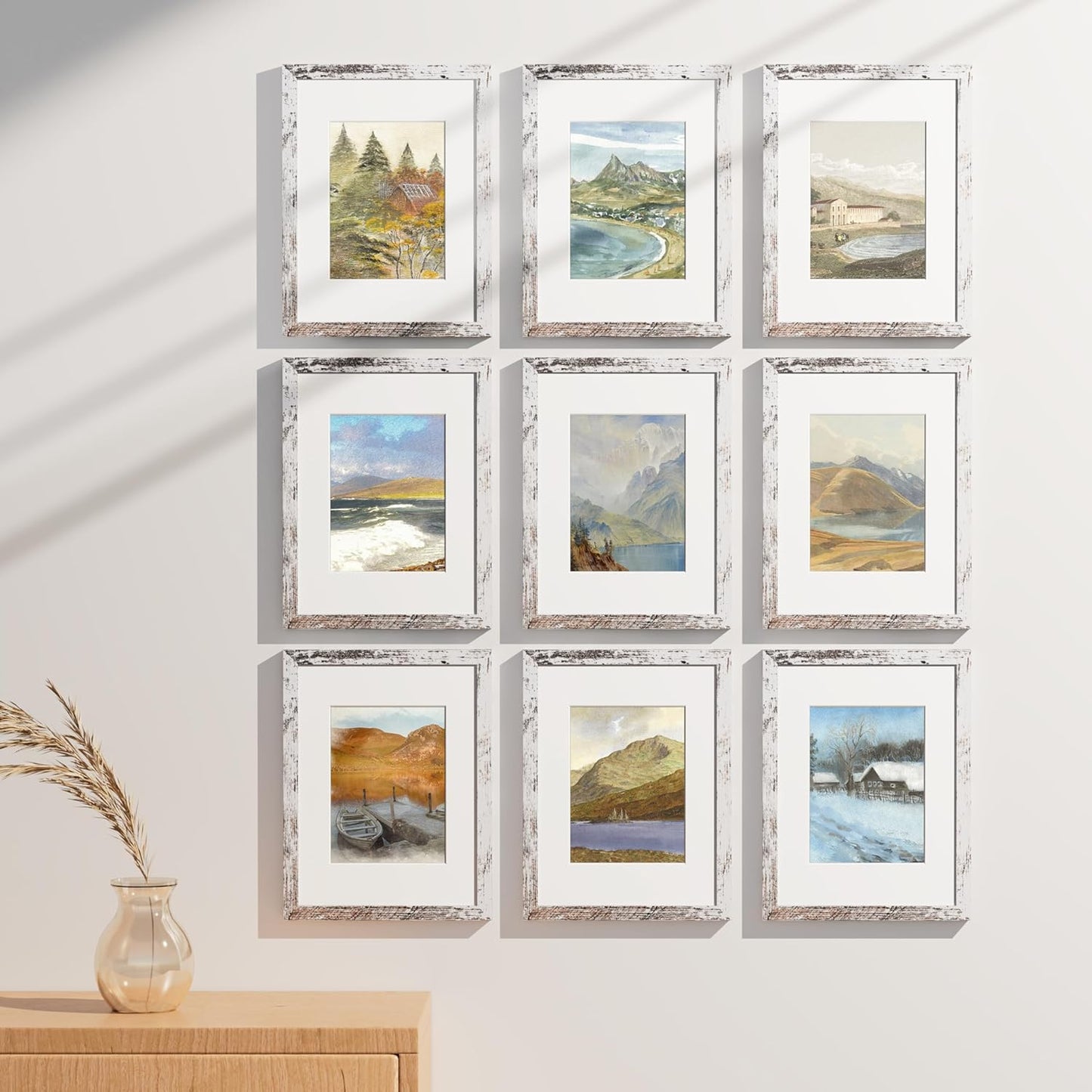 Vittanly 9x12 Picture Frames Set of 9, Shatter Resistant Plexiglass, Display 6x8 Pictures with Mat or 9x12 without Mat, Photo Frames for Wall or Tabletop, Engineered Wood, Distressed White