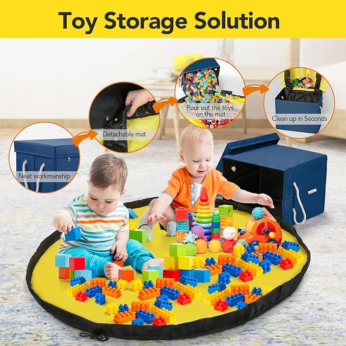 Toy Storage Organizer and Play Mat for Kids - Foldable Organizer Storage Bins with Lids - Detachable Mat Storage Bag Kids Toy Box for Boys, Girls, Nursery, Playroom, 11.6''x11.6''x15.5''(Blue)