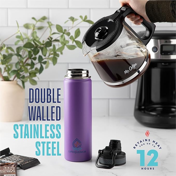 Insulated Water Bottle with Straw and Handle 22 oz-Stainless Steel Water Bottles with Straw, Dual Cap Function & Sleeve, Keeps Drinks Hot Up to 12 Hours & Cold Up to 24 Hours (Purple)