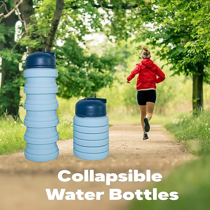 Collapsible Water Bottles, 16 oz 500ml Portable Foldable Water Bottles, Leak Proof Travel Water Bottle Reusable BPA Free Silicone Water Bottles for Travel Gym Camping Hiking (2 Pack Blu)