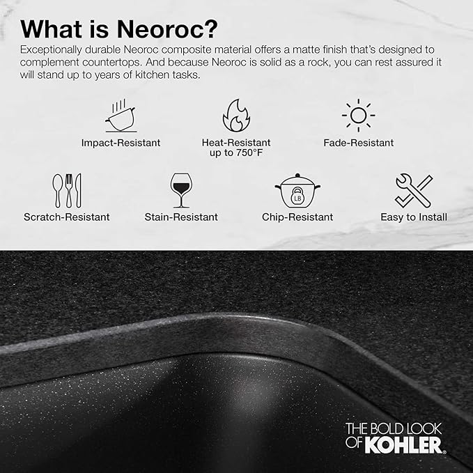 KOHLER K-8199-CM6 Cairn Sink, 33" Neoroc Composite Undermount Double-Bowl Kitchen Sink, Composite Kitchen Sink with Sink Rack, Matte White