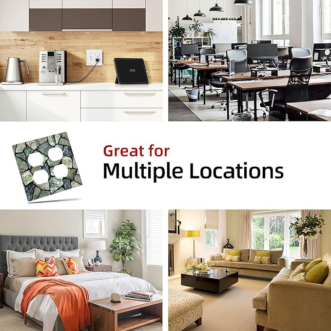 Green Stone Texture Double Outlet Switch Wall Plate Cover Decorative 2-Gang for Electrical Room Bathroom Bedroom Home Kitchen Two Receptacle Polycarbonate Power Gear 4.5" x 2.76"