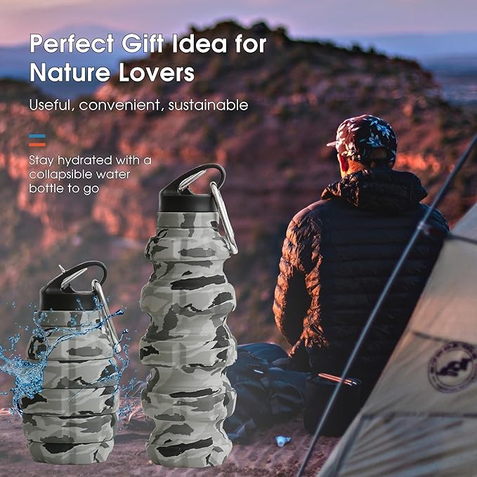 Collapsible Water Bottle 19.6oz - Gift Box, Carabiner, Leak Proof Lid - Collapsible Water Bottles for Traveling - Gifts for Husband & Veterans Day Gift - Reusable & Foldable Gift for Travelers (Gray)