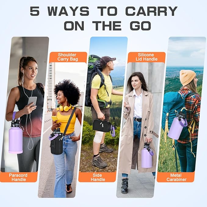 Insulated Water Bottle 64 oz, Half Gallon Water Jug Cold 48H, BPA Free Stainless Steel Bottles with Straw/Chug 2-in-1 Lid, Bag, Paracord Handle, Silicone Boot, Sports Gym School Metal Flask