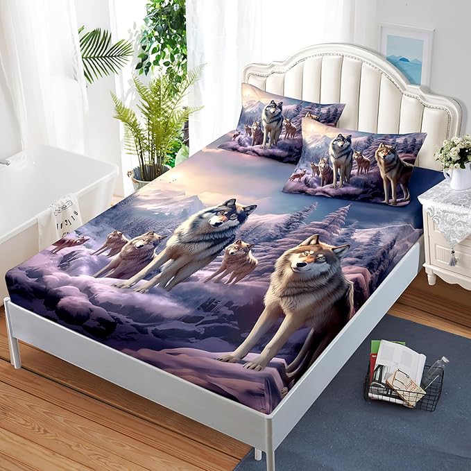 AILONEN Snow Wolf Fitted Sheet Set Queen Size, Winter Sunset Wildlife Wolf Bed Sheet Set for Boys Girls Adults,Safari Wolves Print Fitted Sheet with 2 Pillowcases,3 Pieces