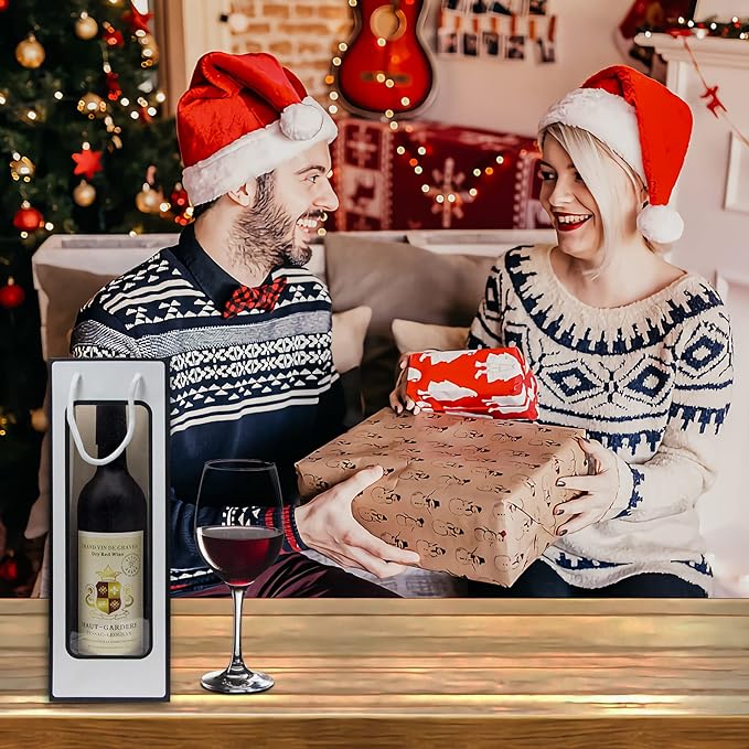WAKAKO 12 Pcs Wine Gift Bags for Wine Bottles, Reusable Clear Window Wine Bottle Bags Bulk with Handles for Weddings, Valentine's Day, Birthday, Party, Graduations, Thanksgiving (White)