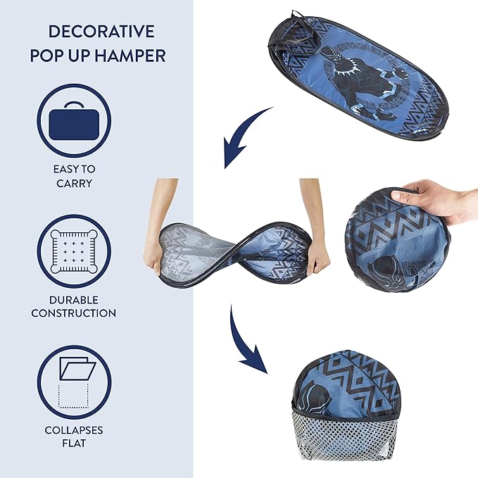 Idea Nuova Marvel Black Panther Pop Up Hamper with Durable Carry Handles, 21'' H x 13.5'' W X 13.5'' L