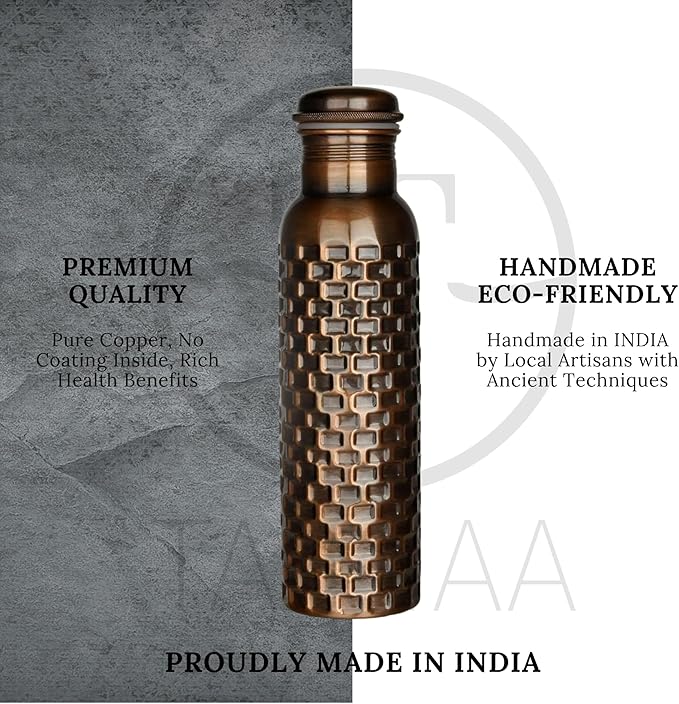 Pure Copper Metal Water Bottle - Indian Handmade Ayurveda Healing Benefit Water Bottle for Drinking, Travel, Hiking, Gym, Office, Outdoor - Antique Finish - 950 ML