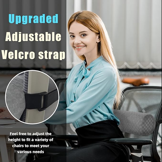 Lumbar Roll Pillow for Lower Back, Lumbar Support Foam Roll Cushion with Pillowcase and Upgraded Strap for Office, Chair, Car, Seat Pain Relief & Improving Posture (Light Grey, Long-15*4.3'')