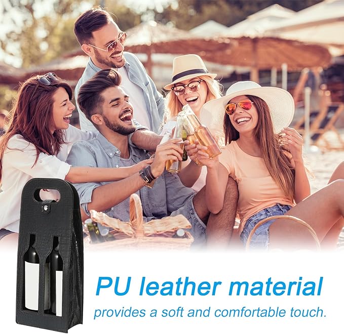 PATIKIL 2 Bottle Wine Gift Bag, 2 Pack Wine Bag Reusable Leather Wine Tote Carrier for Wine Bottles Portable Champagne Gift Bags for Picnic Party Wedding, Black-2