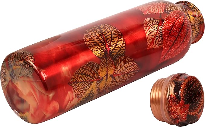 Pure Copper Water Bottle - Handcrafted - Ayurveda health benefits - Large 35 oz - Leak proof - Easy to carry for Sports, Fitness, Yoga, School - Red and Black Pretty Petals Motifs Enamel