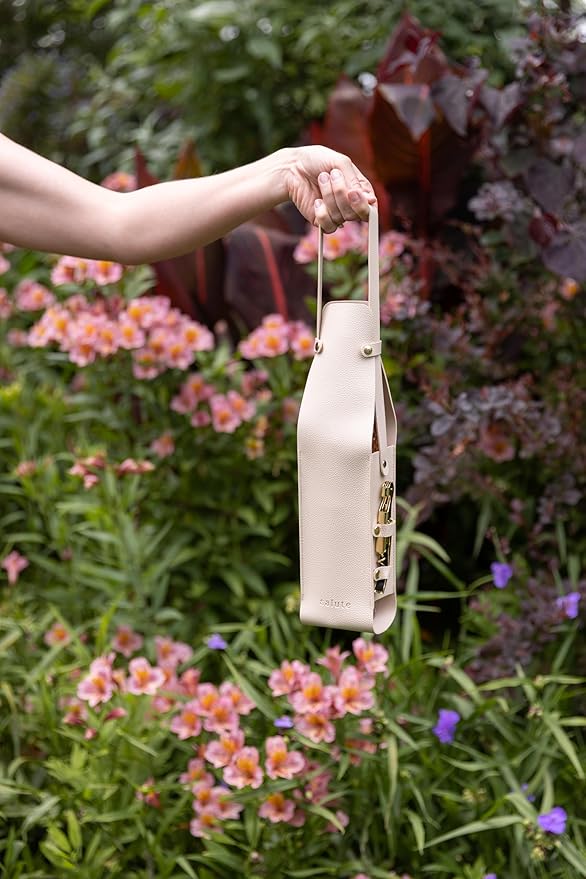 Salute NEW Wine Bottle Carrier with Corkscrew | Vegan Leather Tote Gift Bag Corporate Gift idea Picnic Travel Tastings Wine Gift Beach Party BYOB Restaurant Valentines Day (Cream)