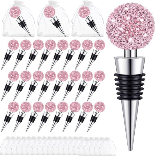 Crystal Wine Bottle Stopper Diamond Wine Stoppers Reusable Zinc Alloy Silicone Beverage Saver Corks Wine Decorative Bottle Stoppers with Sheer Bags for Wedding Bar Gifts(Pink,24 Set)
