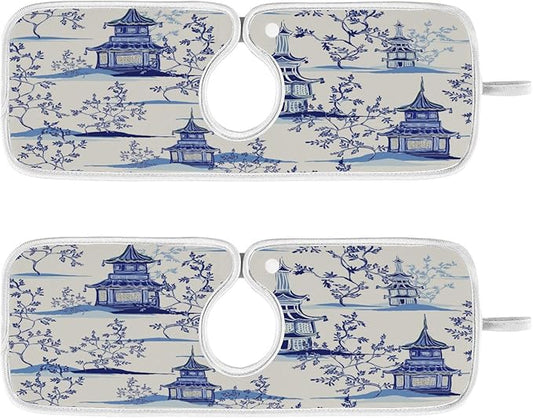 Kitchen Faucet Absorbent Mat, Ink Chinese Pagodas Trees Water Splash Guard for Sink, Faucet Drip Catcher Thicken Sponge Microfiber Faucet Water Catcher Mat Sink Absorbent Mat for Kitchen 23x5in 2Pack